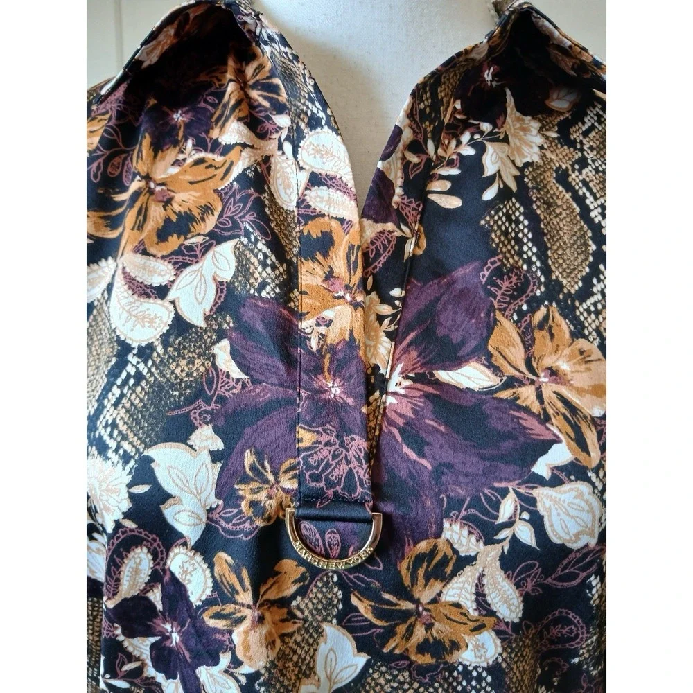 Marc New‎ York Women's Blouse Tunic Brown & Purple Floral Long Sleeve Bohemian